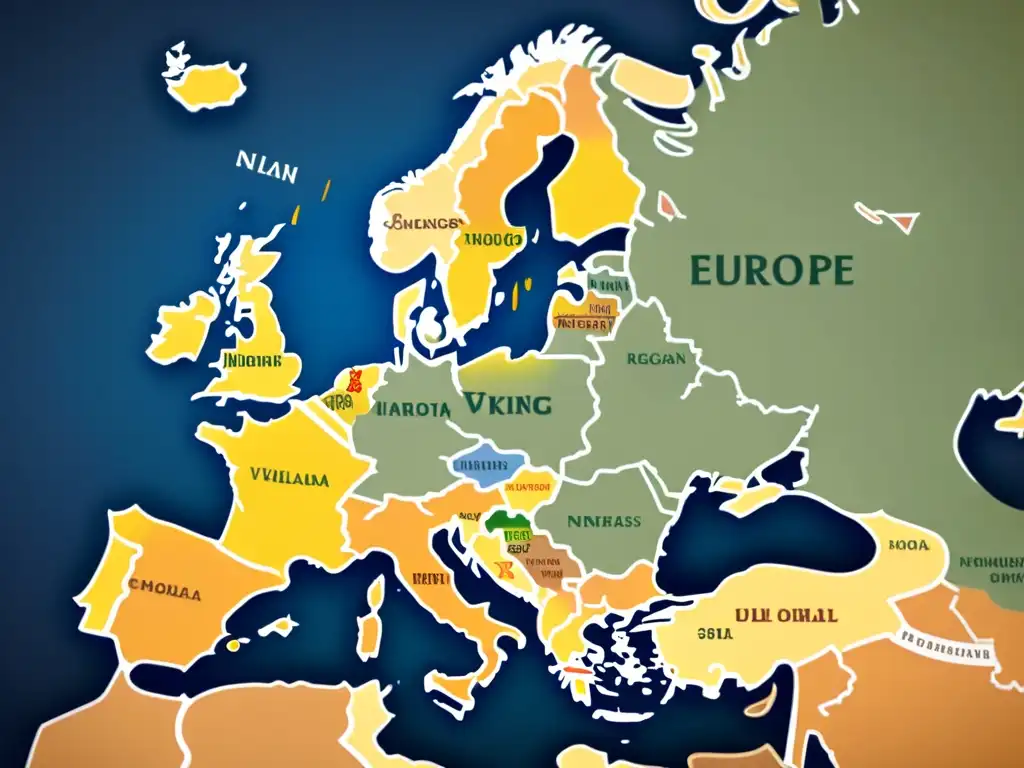 Mapa detallado de Europa resaltando regiones con influencia de la lengua nórdica, mostrando ciudades clave y paisajes vikingos, evocando historia y difusión cultural