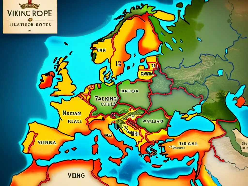 Mapa detallado de Europa con rutas comerciales vikingas modernas en antiguo pergamino