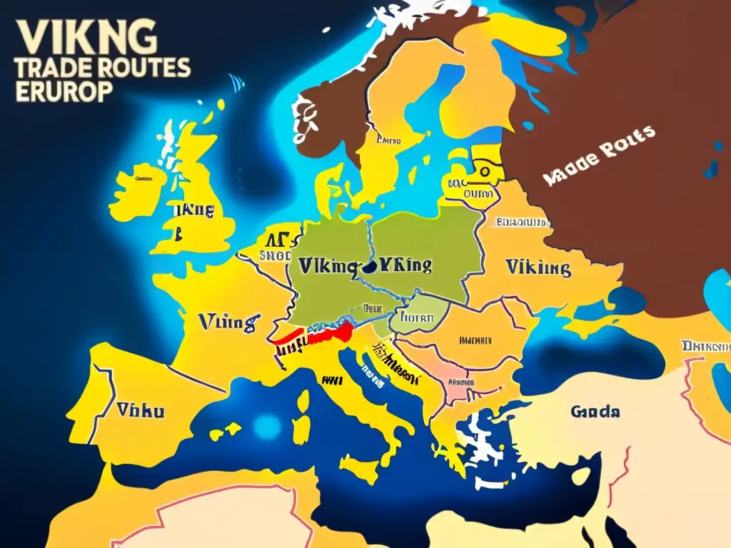 Mapa detallado de rutas comercio vikingo influencia en Europa, con colores vibrantes y anotaciones en nórdico antiguo