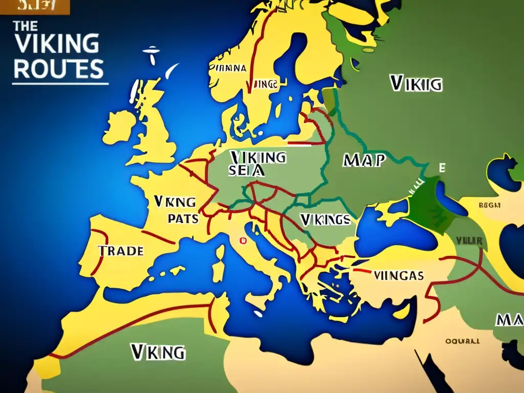 Mapa detallado de rutas de intercambio en la Era Vikinga, con símbolos e intrincadas marcas de comercio en tonos terrosos y acentos vibrantes