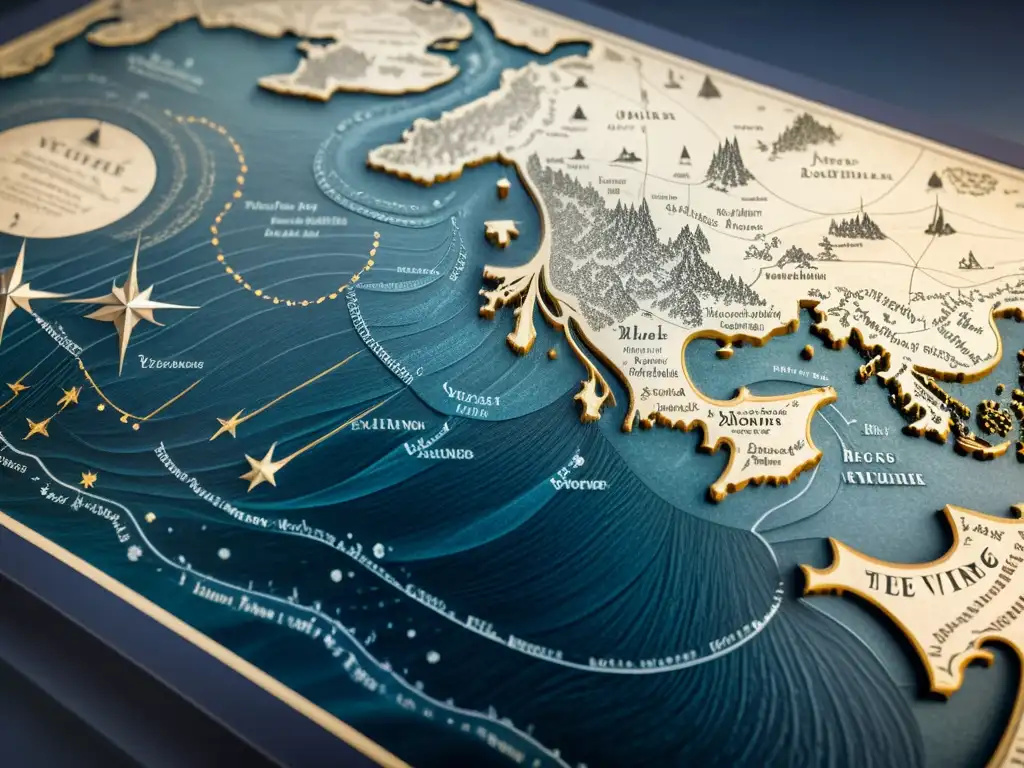 Mapa detallado de las travesías vikingas en el mar, con ilustraciones de sus barcos bajo el cielo estrellado