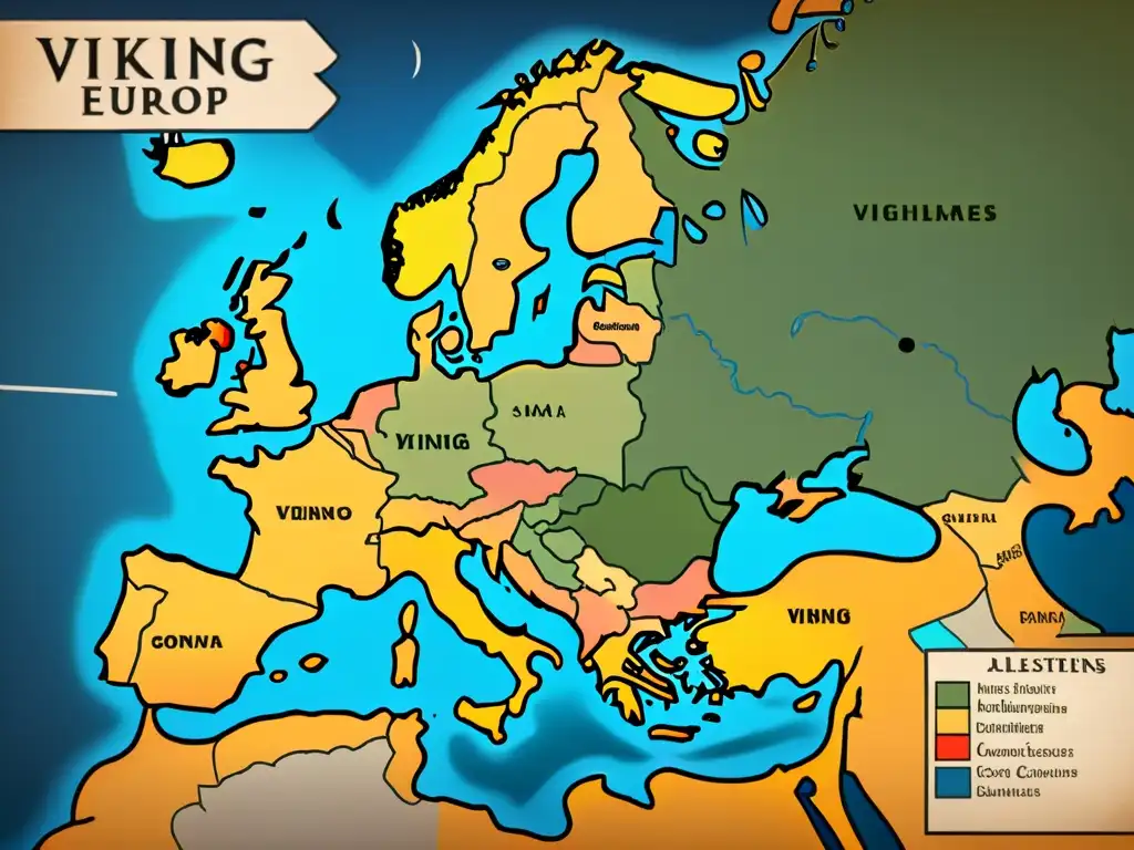 Mapa detallado de Europa en la Era Vikinga, mostrando asentamientos, rutas comerciales y conquistas vikingas