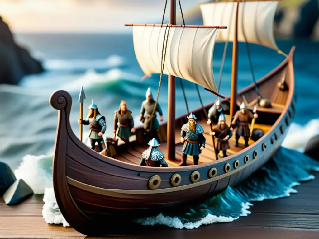 Maqueta detallada de barco vikingo con figuras barcos vikingos miniatura en costa nórdica ventosa, con guerreros y marineros en actitud desafiante