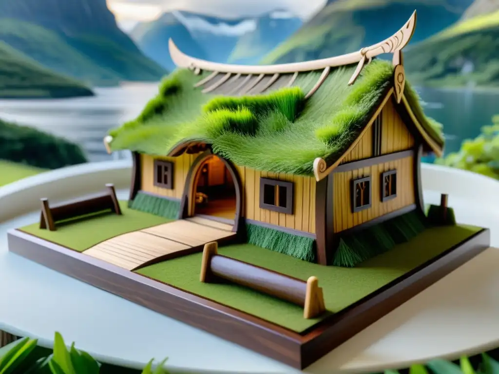 Maqueta de un longhouse vikingo detallado en 8k, con figuras y paisaje nórdico