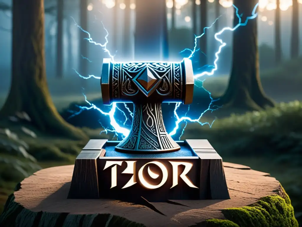 Mjölnir, el martillo legendario de Thor, reposa en un pedestal de piedra en un bosque nórdico, rodeado de runas místicas brillantes