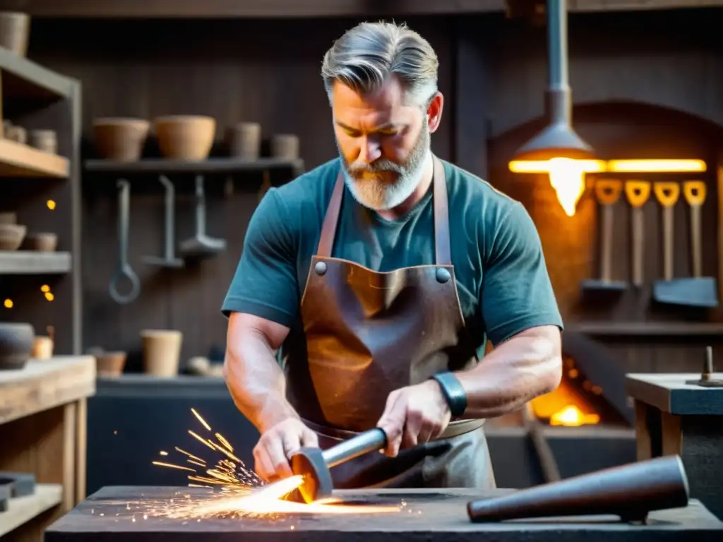 Hábil herrero forja martillo de Thor en taller rústico, evocando era vikinga