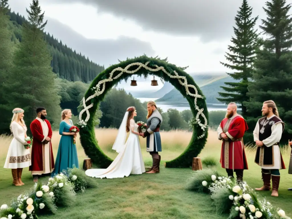 Matrimonio en la era vikinga: ceremonia nupcial al aire libre entre pinos, con novios vikingos intercambiando votos bajo un arco floral