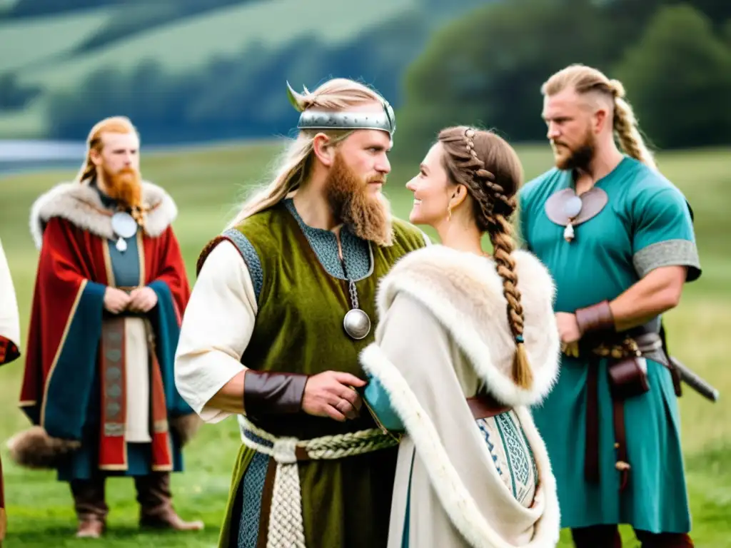 Un matrimonio en la era vikinga: una ceremonia solemne y alegre en un prado verde, con un sacerdote nórdico y atuendos vikingos detallados