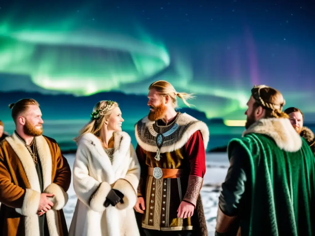 Matrimonio vikingo tenso bajo las Luces del Norte, reflejando rivalidades matrimoniales sociedad vikinga