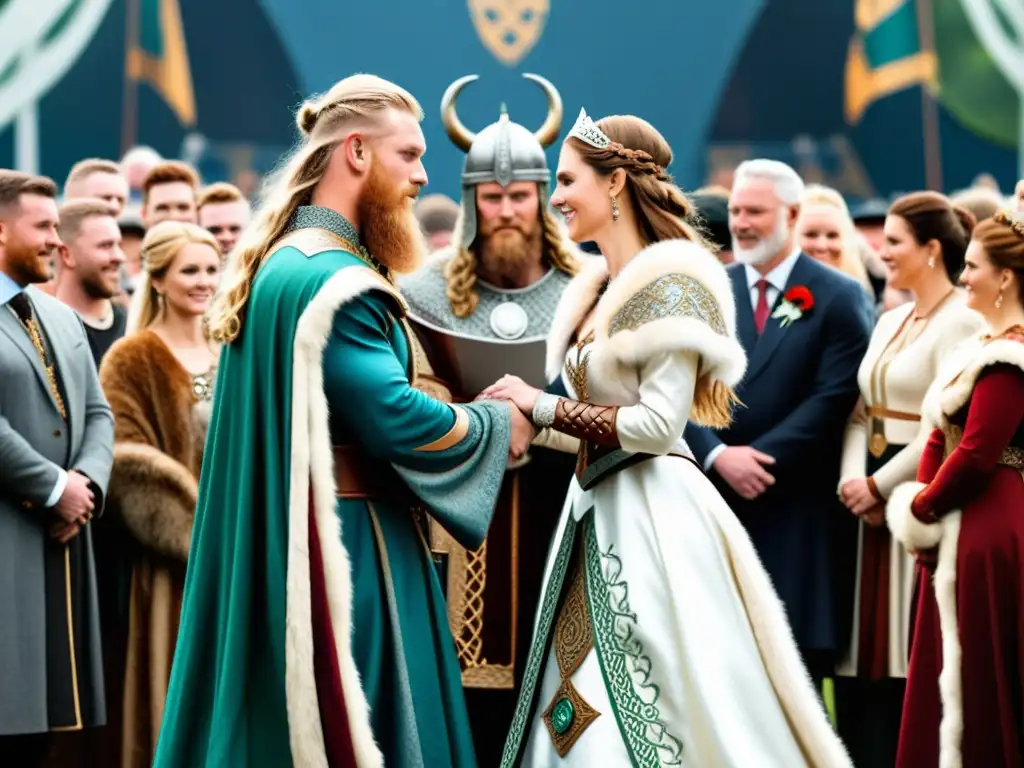 Matrimonios mixtos difusión cultura vikinga: Vikingo y princesa celta intercambian votos en ceremonia grandiosa bajo cielo tormentoso