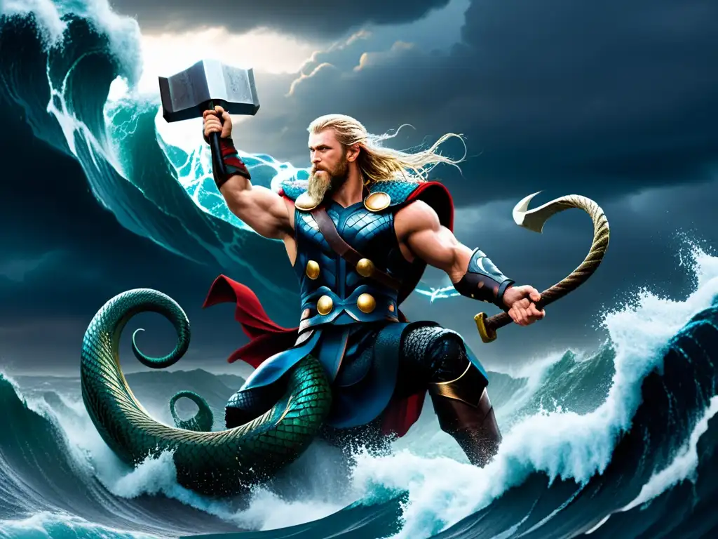 La mejor versión ilustrada de la mitología nórdica: Thor y Jörmungandr en feroz combate en el mar tormentoso