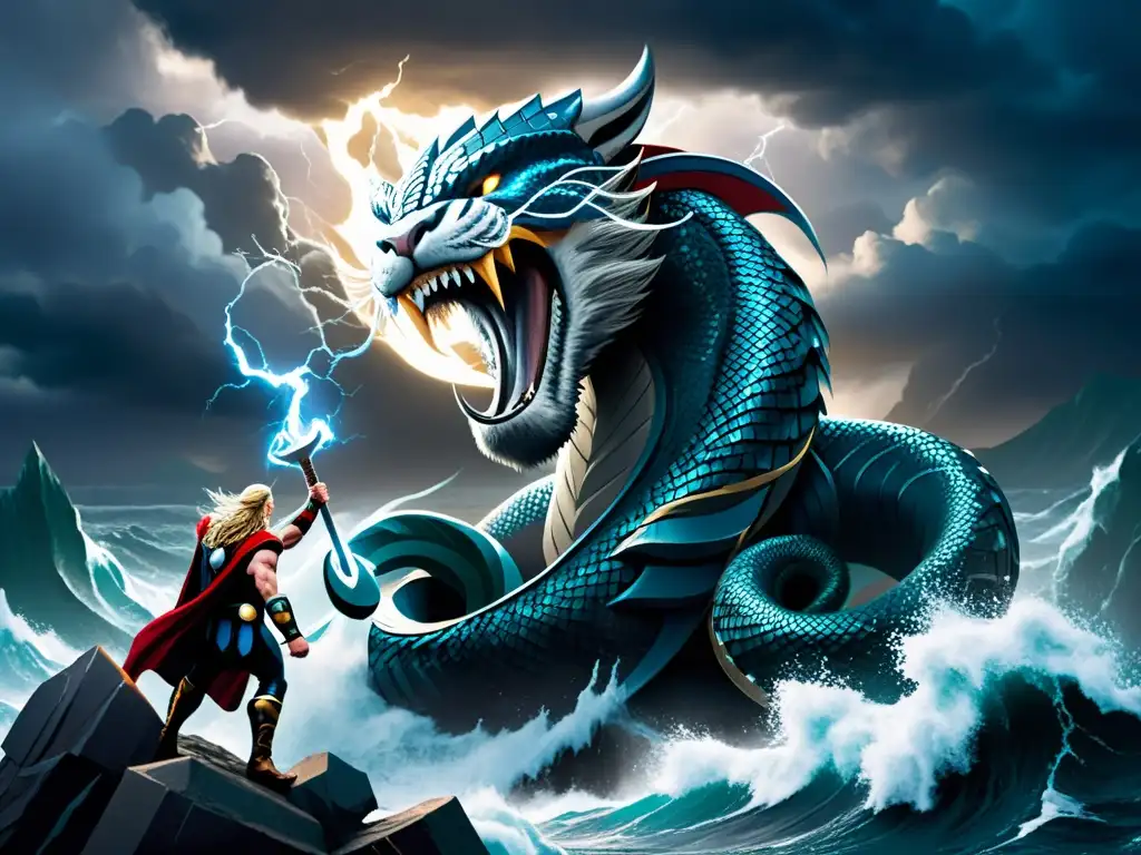 La mejor versión ilustrada de la mitología nórdica: Thor enfrenta al Serpiente Jormungandr en una batalla feroz bajo cielos tormentosos