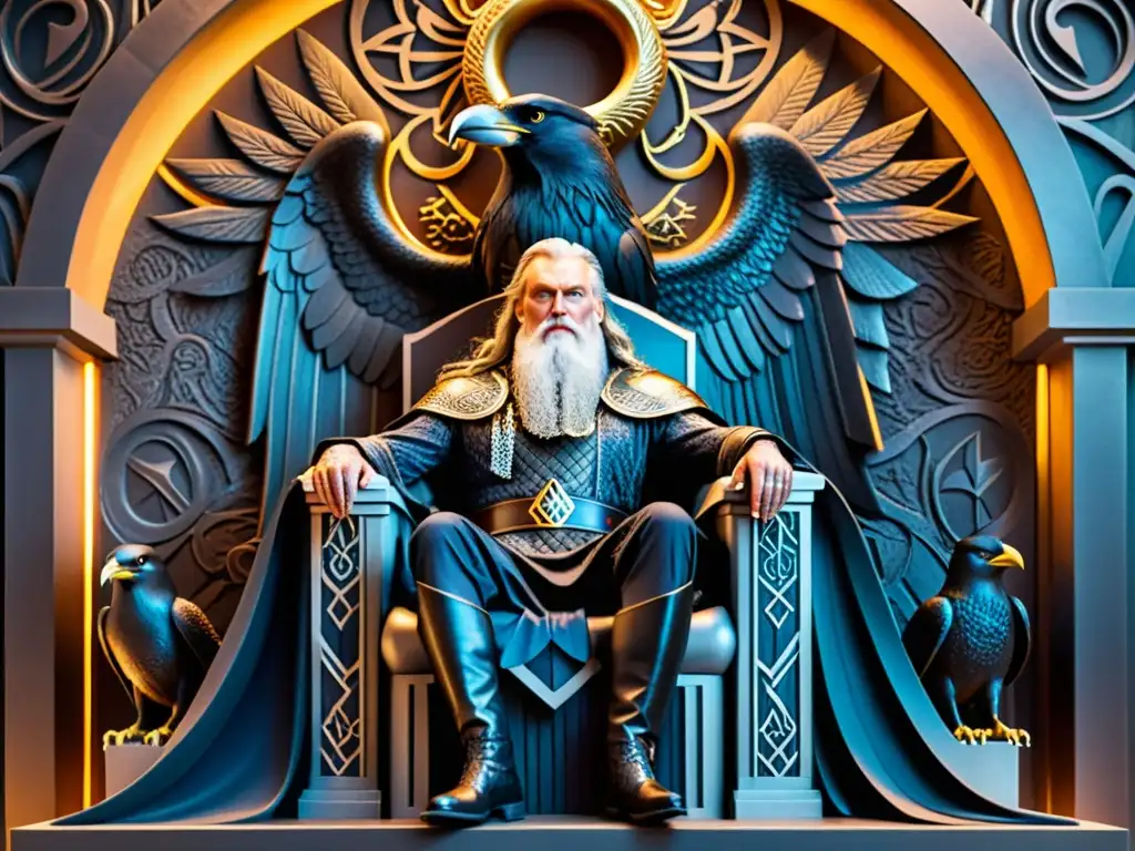 La mejor versión ilustrada de la mitología nórdica: Odin, el Padre de Todos, en su trono en Asgard, con su sabia mirada y los cuervos