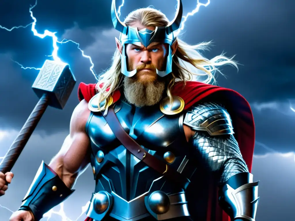 La mejor versión ilustrada de la mitología nórdica: Thor, el poderoso dios del trueno, empuña su martillo Mjölnir en medio de una tormenta eléctrica