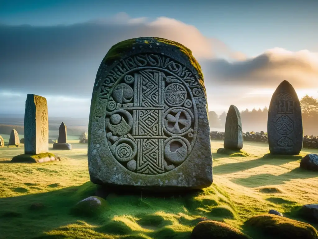 Interpretando menhires funerarios vikingos en un místico y neblinoso campo de batalla al amanecer