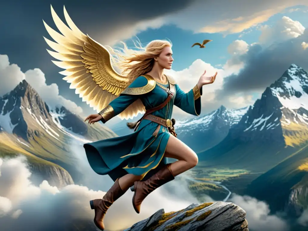 Mensajera alada: ilustración detallada de Gna en la mitología nórdica La mensajera alada Gna vikinga surca los cielos nórdicos con su mensaje, entre montañas y runas místicas
