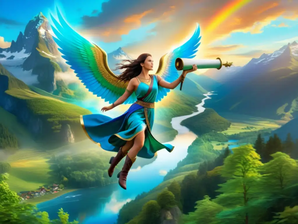 Gna, mensajera alada, surca cielos en paisaje épico La mensajera alada Gna vikinga surca majestuosa un cielo colorido, transmitiendo noticias divinas