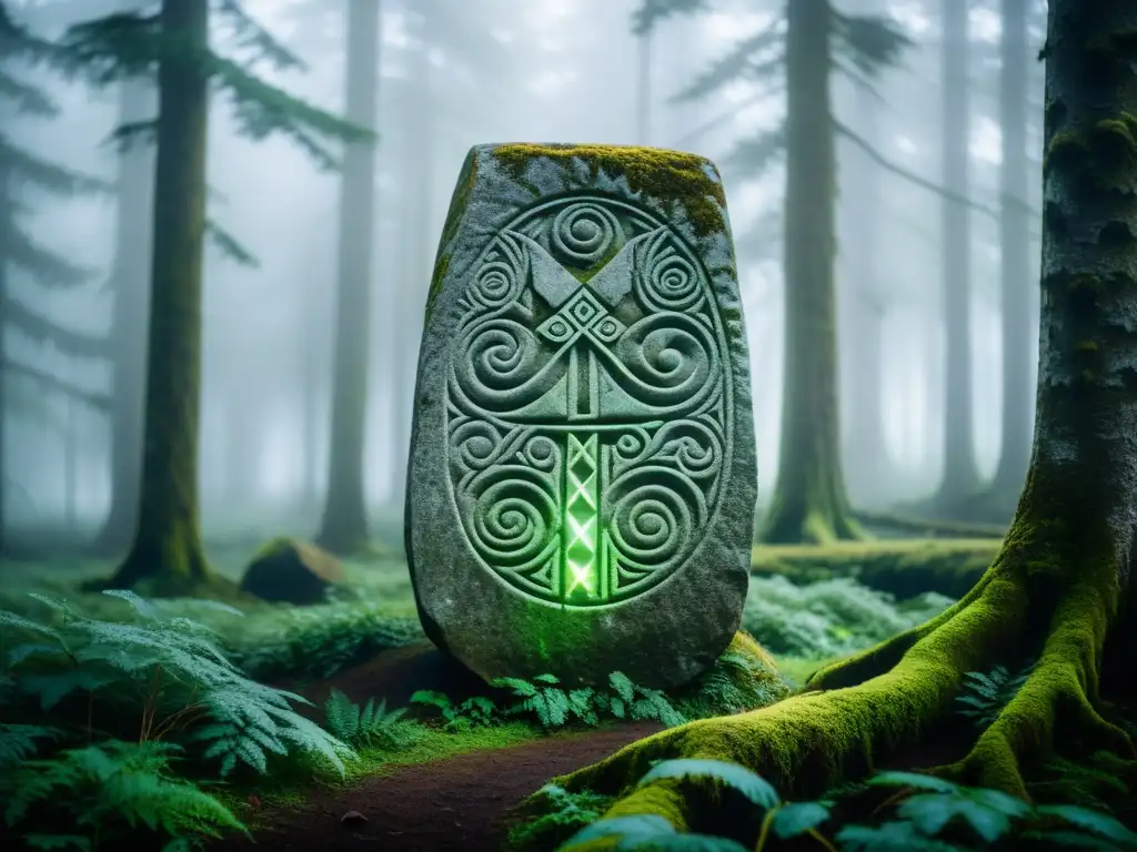 Descifrando mensajes runas misteriosas vikingas: Antigua runa vikinga iluminada en un bosque nórdico neblinoso y místico