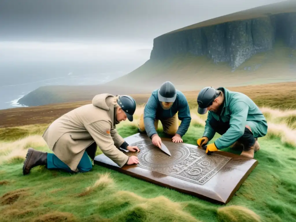 Descifrar mensajes vikingos en piedras antiguas en un paisaje nórdico misterioso