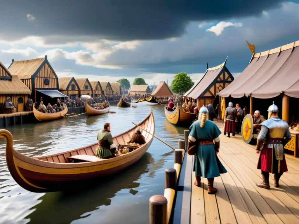 Transformación vikinga de York: Mercado bullicioso con puestos tallados y barcos vikingos en el río bajo un cielo nublado