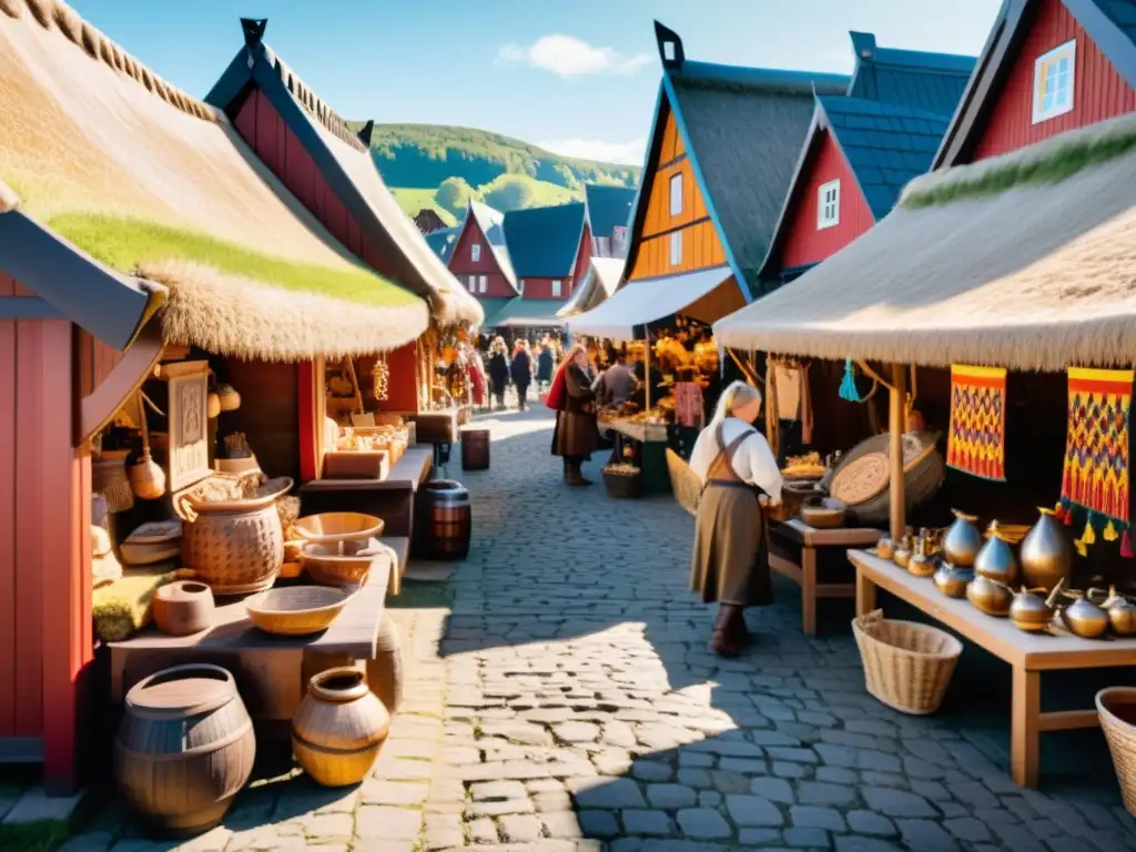 Mercado nórdico bullicioso con artesanía vikinga única y paisaje montañoso al fondo