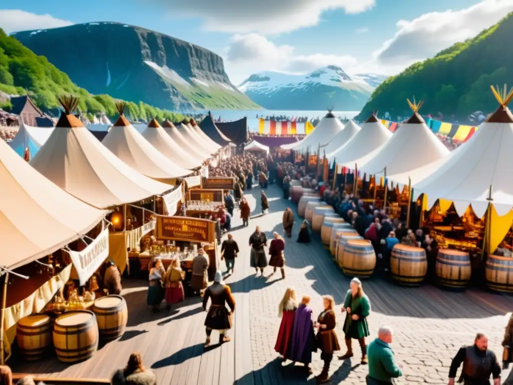 Un mercado temático vikingo con vendedores y visitantes disfrutando de bebidas vikingas en un animado ambiente medieval