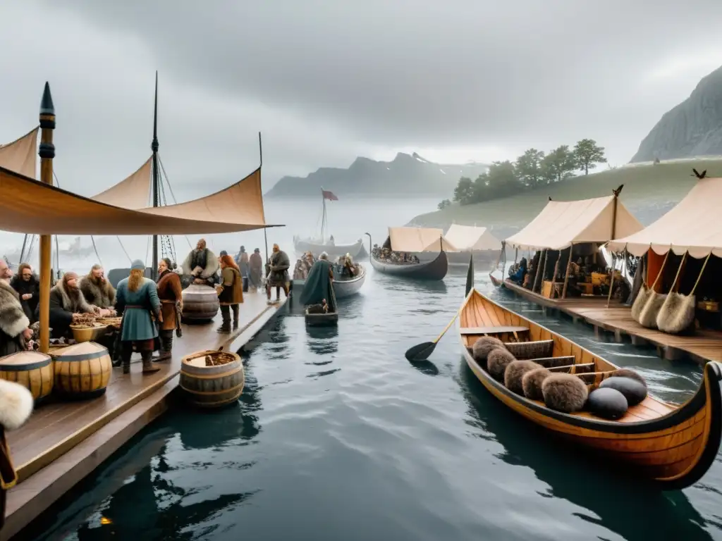 Un mercado vikingo bullicioso bajo un cielo gris, reflejando la economía vikinga y monedas