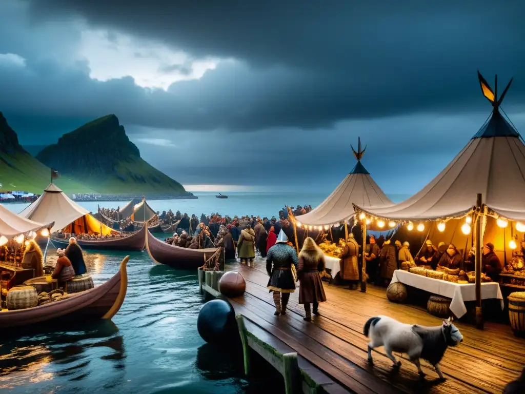 Un mercado vikingo bullicioso en la costa, con barcos esculpidos, comerciantes y visitantes, recreando el comercio en la era vikinga