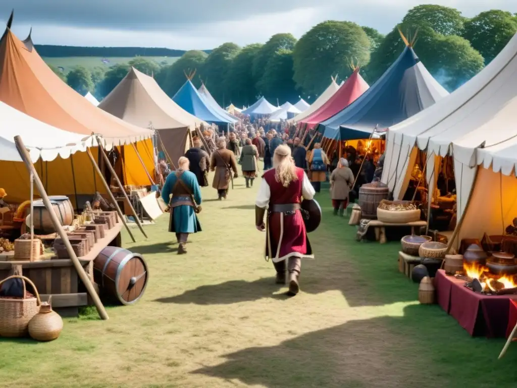 Un mercado vikingo bullicioso en un festival, con artesanos vendiendo artesanías y atuendos vikingos