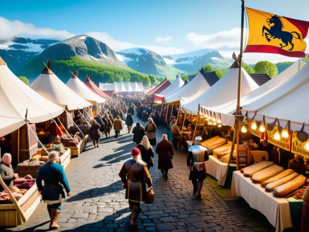 Un mercado vikingo bullicioso, lleno de gastronomía nórdica tradicional