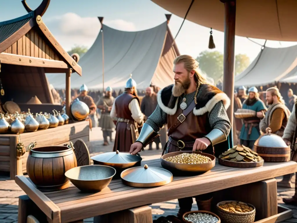 En un mercado vikingo, comercio y monedas en la era vikinga cobran vida con actividad frenética y detalles ultrarrealistas