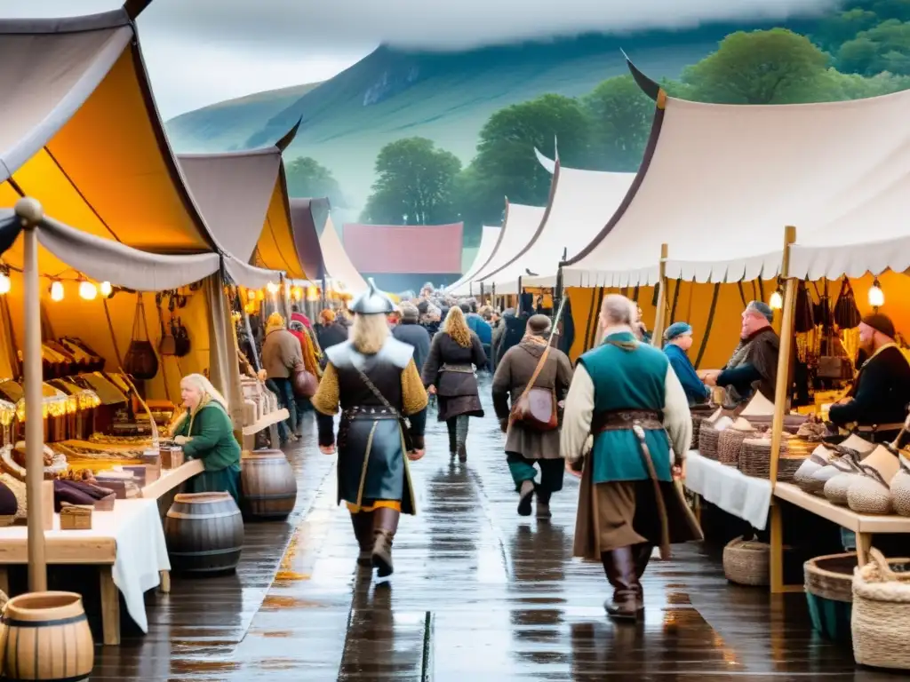 Un mercado vikingo contemporáneo bullicioso con artesanías, joyas y vestimenta tradicional