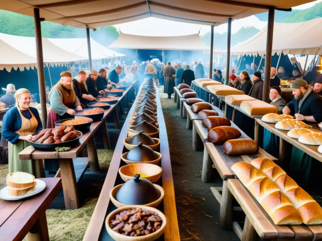 Mercado vikingo con gastronomía en mercados temáticos, mesas llenas de festines y gente vestida tradicionalmente