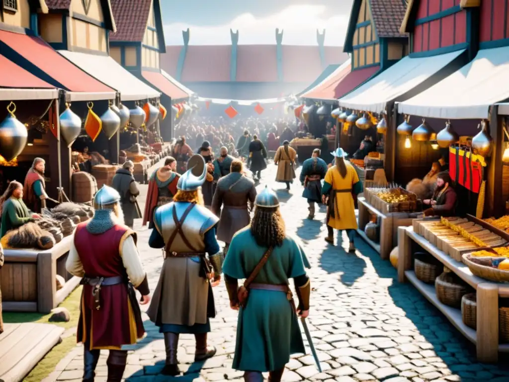 Mercado vikingo en Jorvik con juegos estratégicos y bulliciosa negociación, mostrando cultura de comercio nórdico