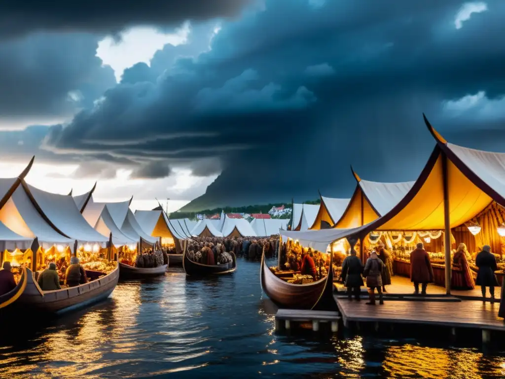 Mercado vikingo del ámbar en el Mar Báltico, con joyas talladas y drakkar en un bullicioso puerto bajo un cielo tormentoso