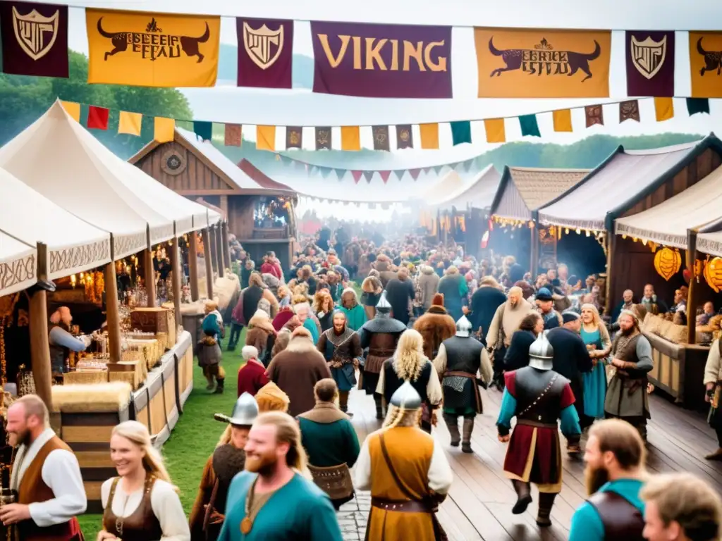 Un mercado vikingo temático rebosante de vida, con vendedores y asistentes disfrutando de bebidas vikingas en un ambiente festivo y colorido