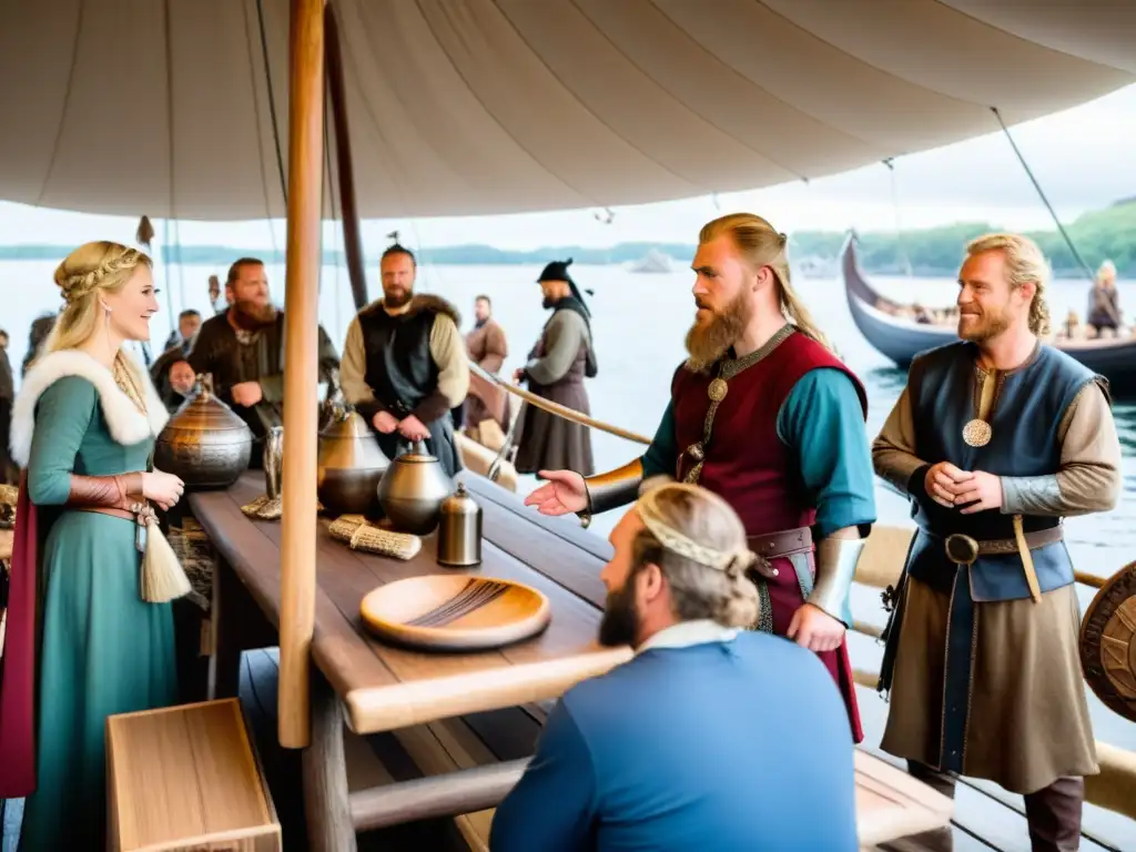 Mercado vikingo vibrante con puestos de madera tallada, joyas y armas, reenactores y un majestuoso drakkar en un paisaje nórdico