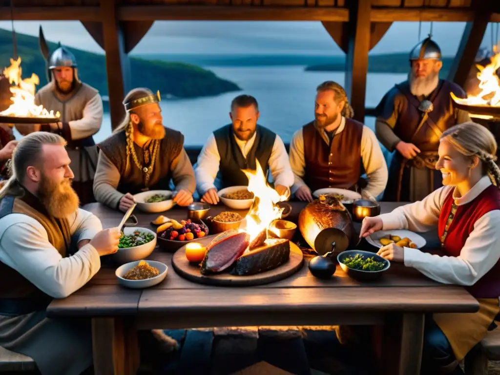 Mesa de banquete vikingo con alimentos tradicionales rodeada de personas en atuendo vikingo