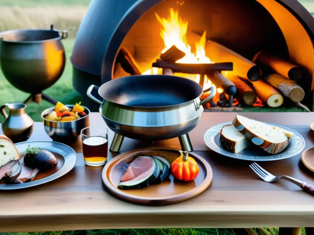 Una mesa de banquete vikingo con alimentos tradicionales