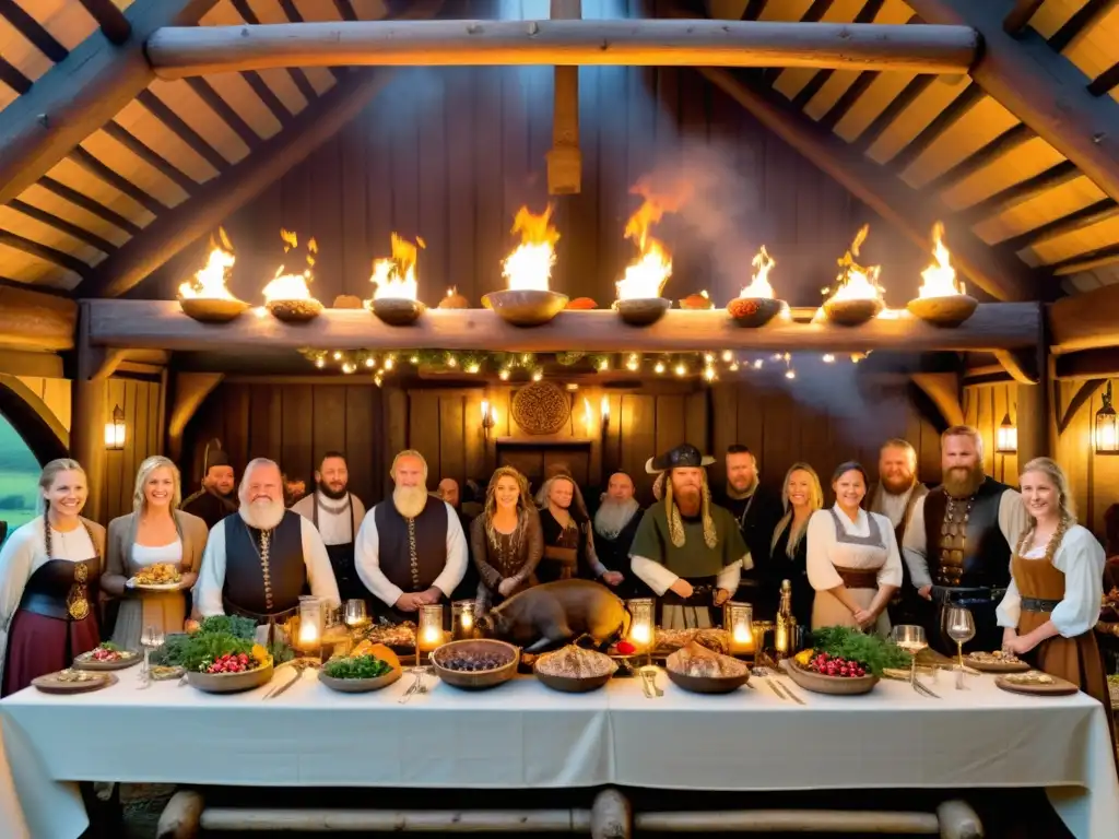 Banquete vikingo: festín de sabores y tradición nórdica Una mesa de banquete vikingo con comida tradicional en festividades vikingas