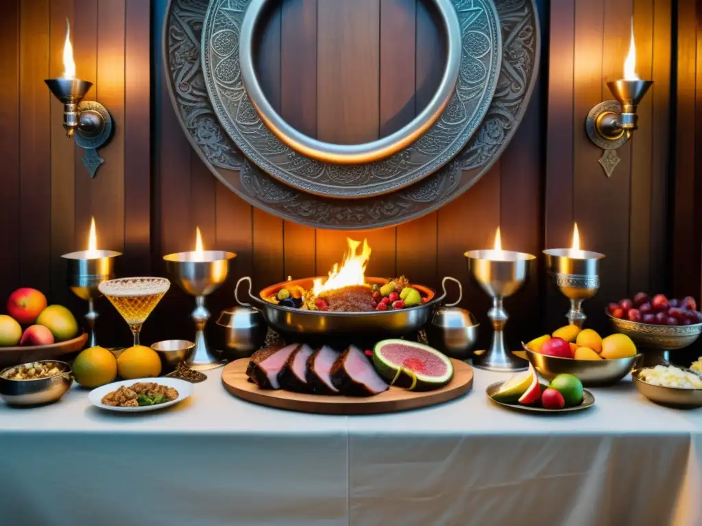 Una mesa de banquete vikingo detallada con platos tallados, frutas coloridas y guerreros brindando, inmerso en una tradición festiva