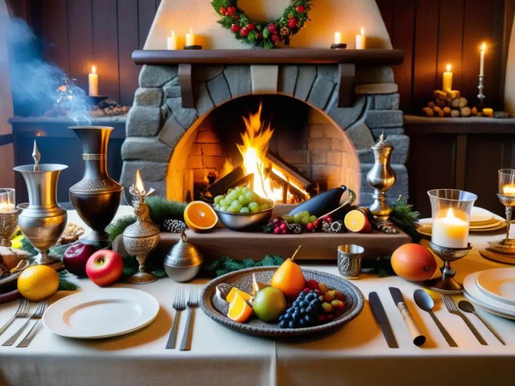 Una mesa de banquete vikingo detallada con vajilla, frutas, velas y guerreros en un salón festivo iluminado por antorchas