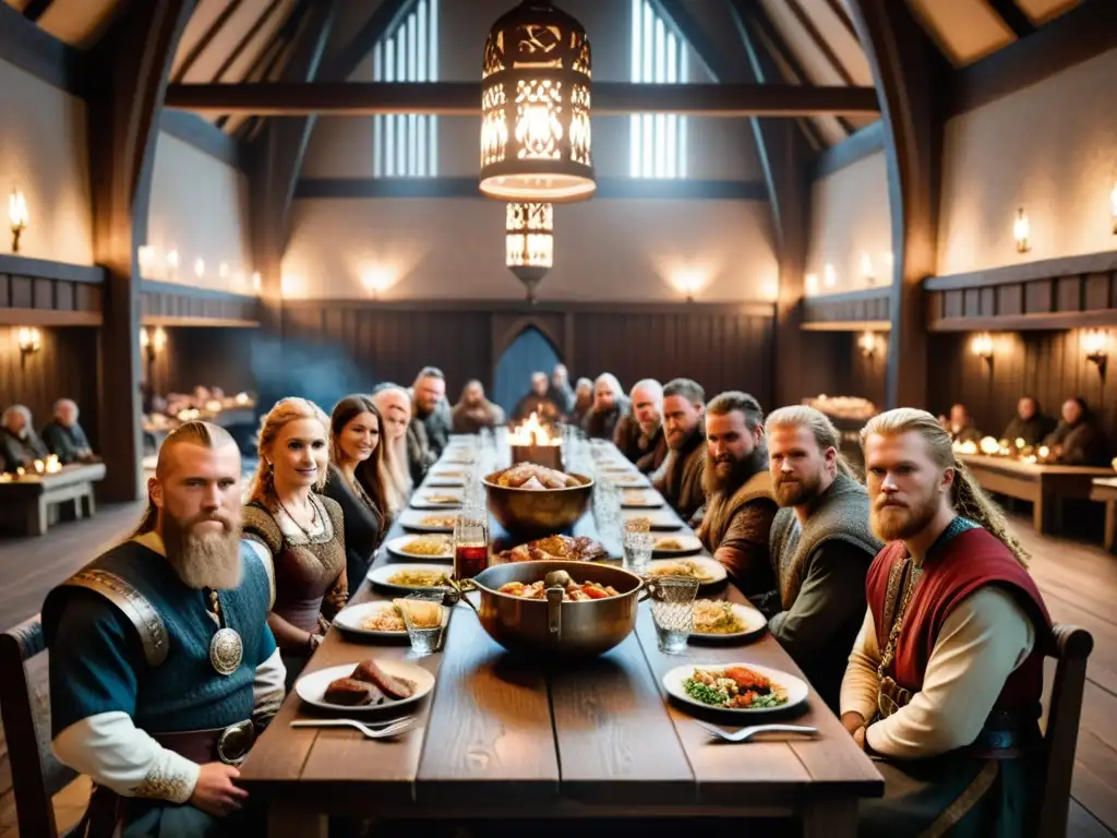 Una mesa de banquete vikingo detallada, con comida y vikingos de distintos estatus social