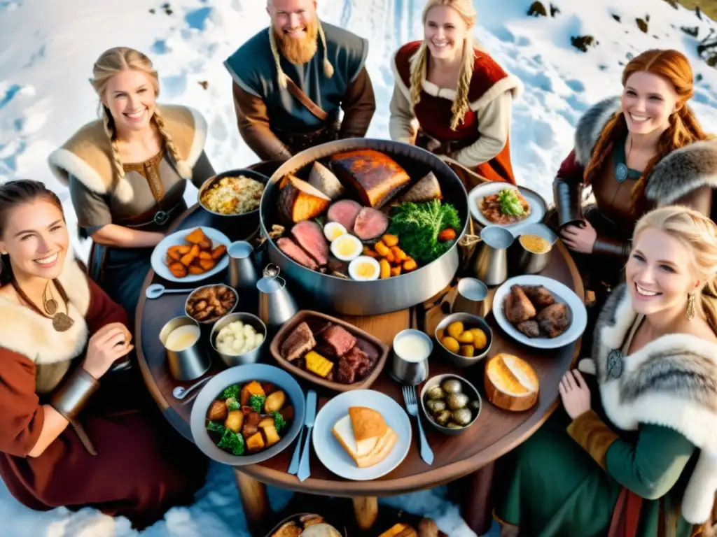 Una mesa de banquete vikingo con guerreros y guerreras disfrutando de una comida festiva en un paisaje nevado