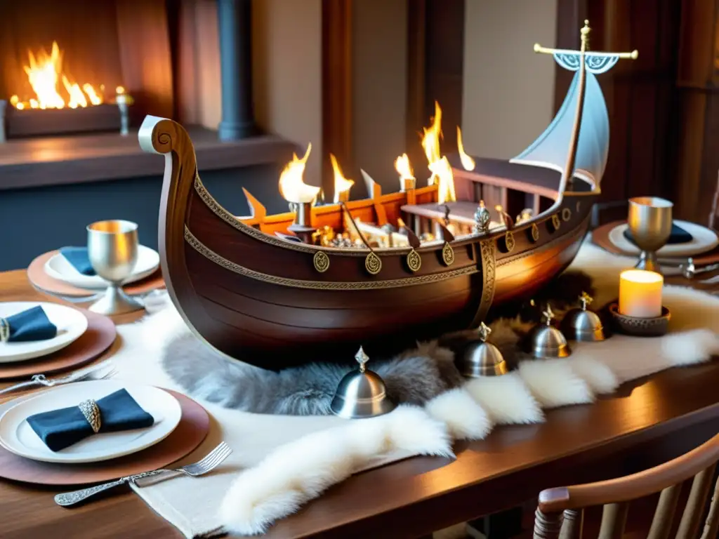 Decoración de mesa para un banquete vikingo real, con barco largo de madera tallada rodeado de cuernos y antorchas