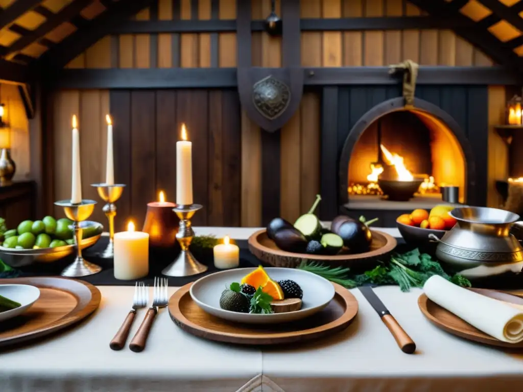 Una mesa de banquete vikingo con vajilla auténtica, frutas y velas en salón oscuro