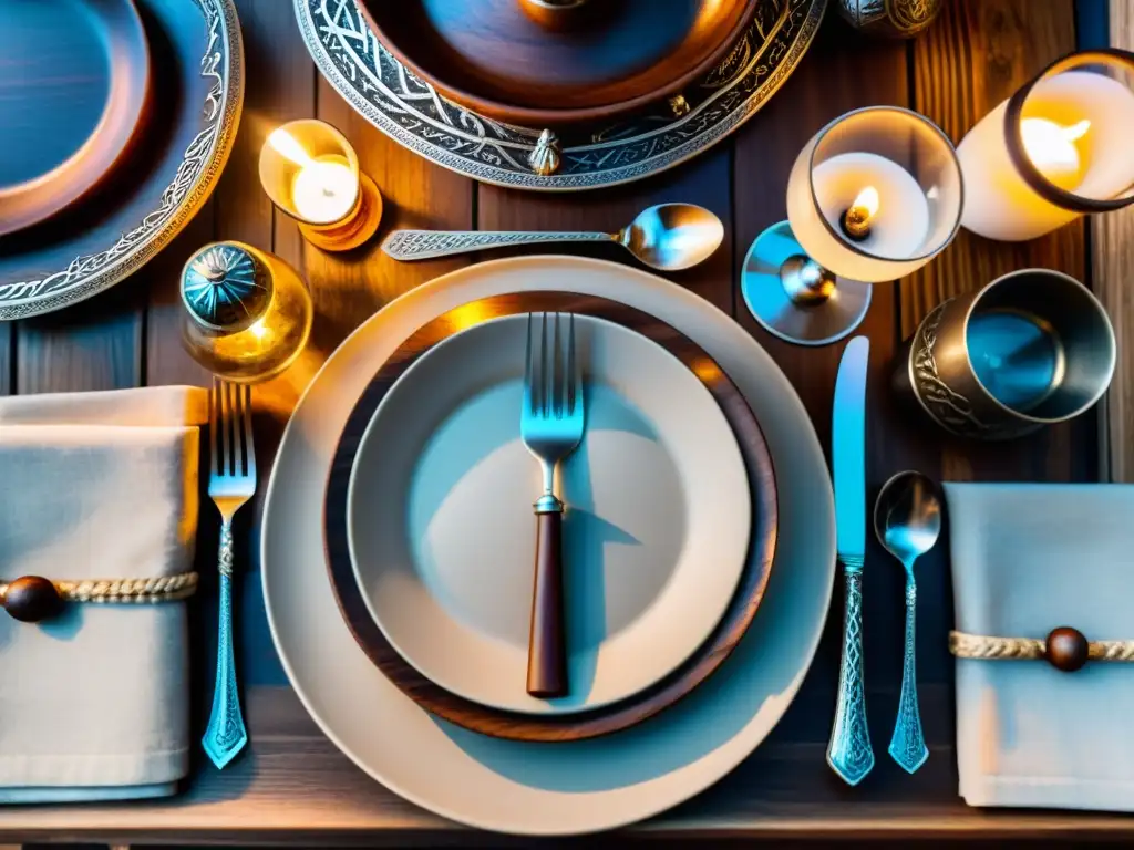 Finura Vikinga: Mesa de Comedor con Cubiertos Auténticos en Plata Una mesa exquisitamente decorada con platería vikinga para comidas auténticas, evocando tradiciones nórdicas