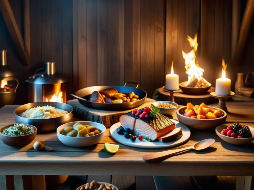 Una mesa larga de madera con un festín vikingo tradicional, con pescado ahumado, carnes asadas, vegetales, bayas y hidromiel