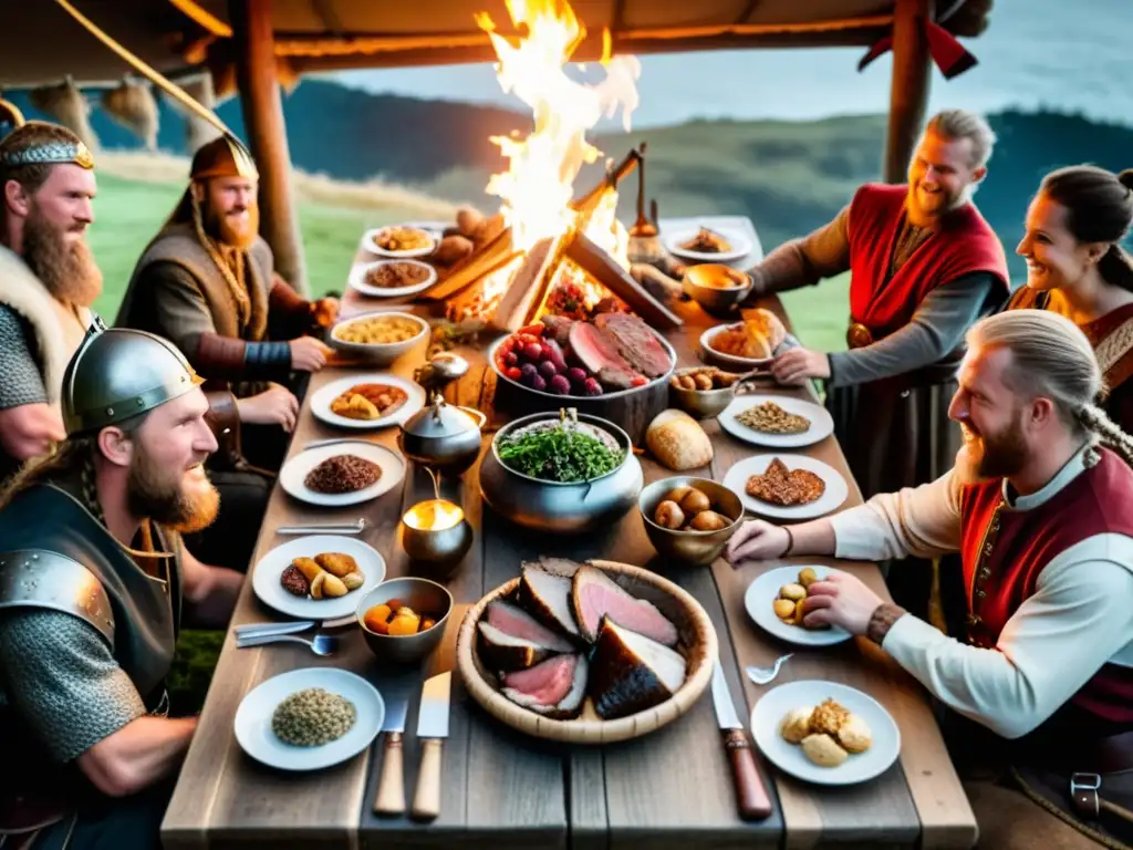 Una mesa de madera cargada de alimentos tradicionales vikingos rodeada de guerreros, creando una escena festiva y auténtica de un banquete vikingo