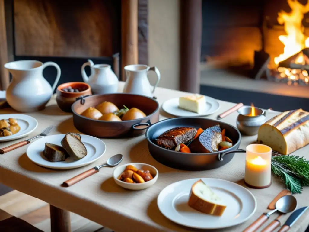 Una mesa de madera larga preparada con vajilla vikinga y delicias culinarias, en un restaurante temático gastronomía vikinga